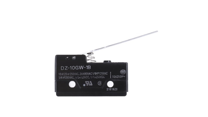 Interruttore di fine corsa Omron DZ-10GW-1B, leva DPDT, 10A a 250V, montaggio a vite, dimensioni 49.2mm x 27.9mm x 17.45mm.