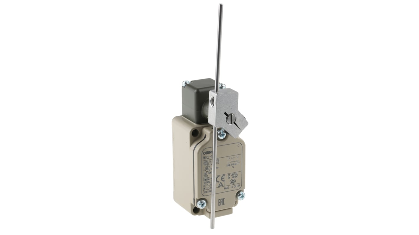 Interruttore di fine corsa Omron WL-CL-GN, configurazione NO/NC, protezione IP67, dimensioni 94.1mm x 40mm x 55mm, montaggio laterale.