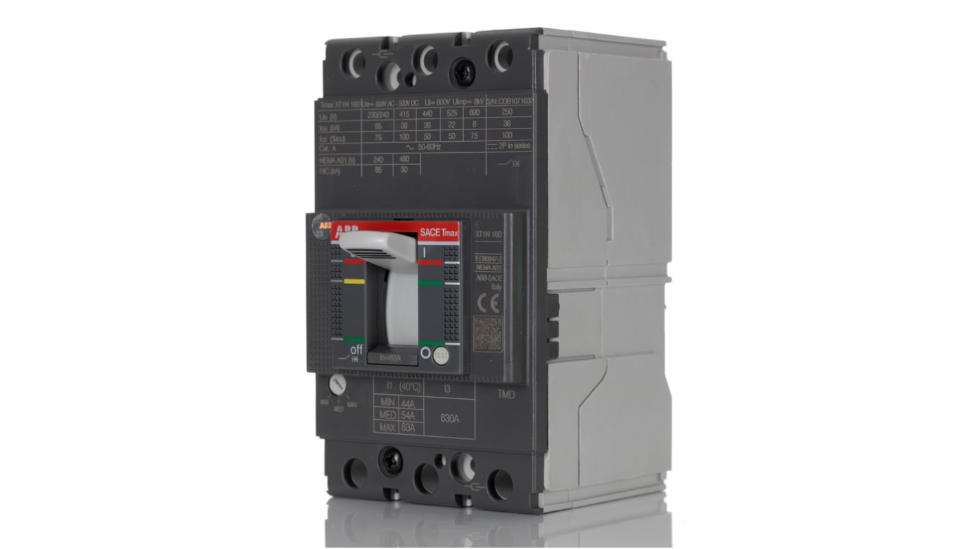 Interruttore magnetotermico ABB XT1N 3 poli, 63 A, 690 V, montaggio su guida DIN, dimensioni 70 x 76,2 x 130 mm.
