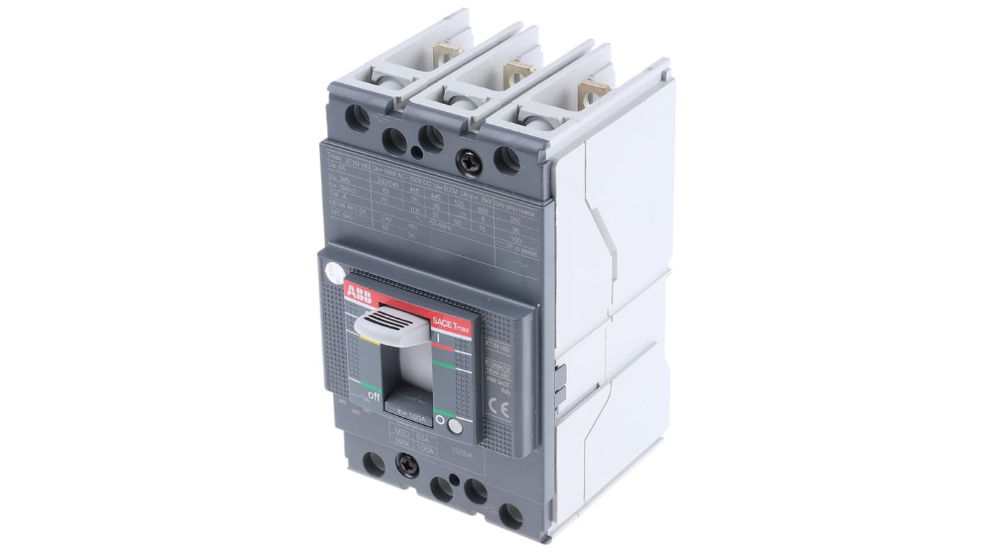 Interruttore magnetotermico ABB XT1N 160 TMD 100-1000, 3 poli, 100A, montaggio a pannello, dimensioni 76,2 x 130 x 70 mm.