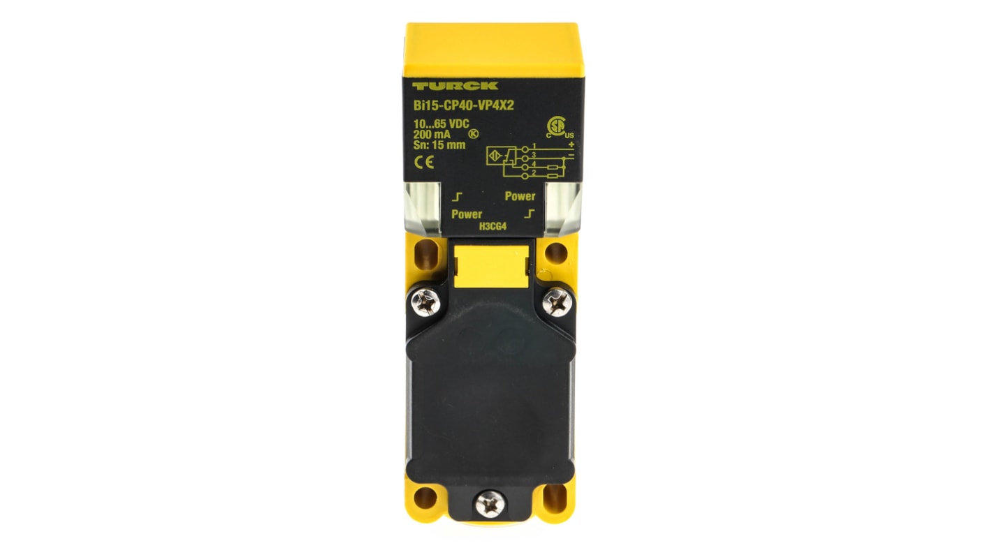 Sensore di prossimità PNP Turck BI15-CP40-VP4X2, rilevamento 15 mm, IP67, montaggio a filo, dimensioni 114 x 40 x 40 mm.