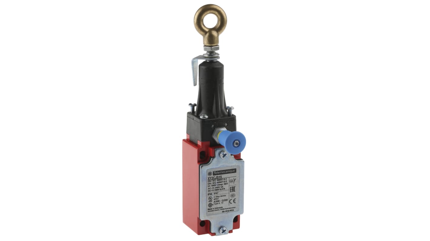 Interruttore a fune Telemecanique Sensors XY2CJ, montaggio destro/sinistro, cavo 20m, grado di protezione IP66/IP67, dimensioni 200.9 x 64.2 x 40mm.
