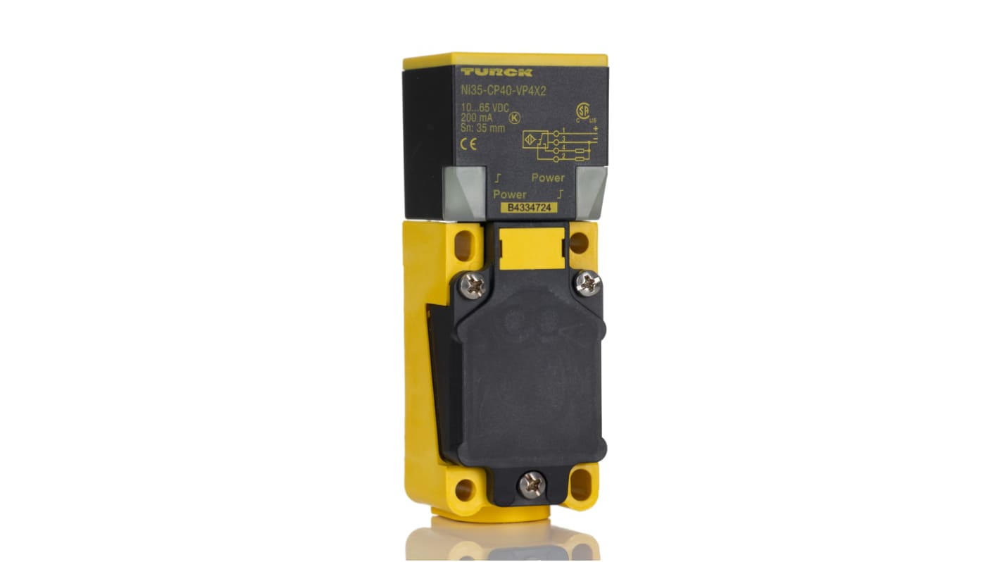 Sensore di prossimità PNP Turck NI35-CP40-VP4X2, induttivo, rilevamento 35 mm, IP67, dimensioni 114x40x40 mm.