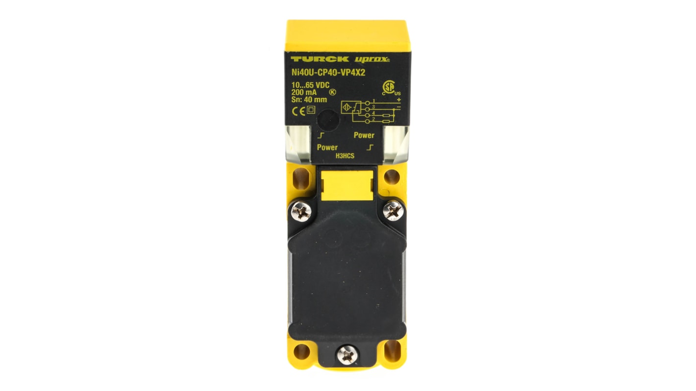 Sensore di prossimità PNP Turck NI40U-CP40-VP4X2, induttivo, 40 mm, IP67, 10-65 V c.c., corpo plastico, 40x114x40 mm.