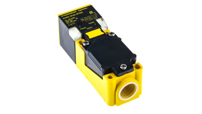 Sensore di prossimità PNP Turck NI40U-CP40-VP4X2, induttivo, 40 mm, IP67, 10-65 V c.c., corpo plastico, 40x114x40 mm.