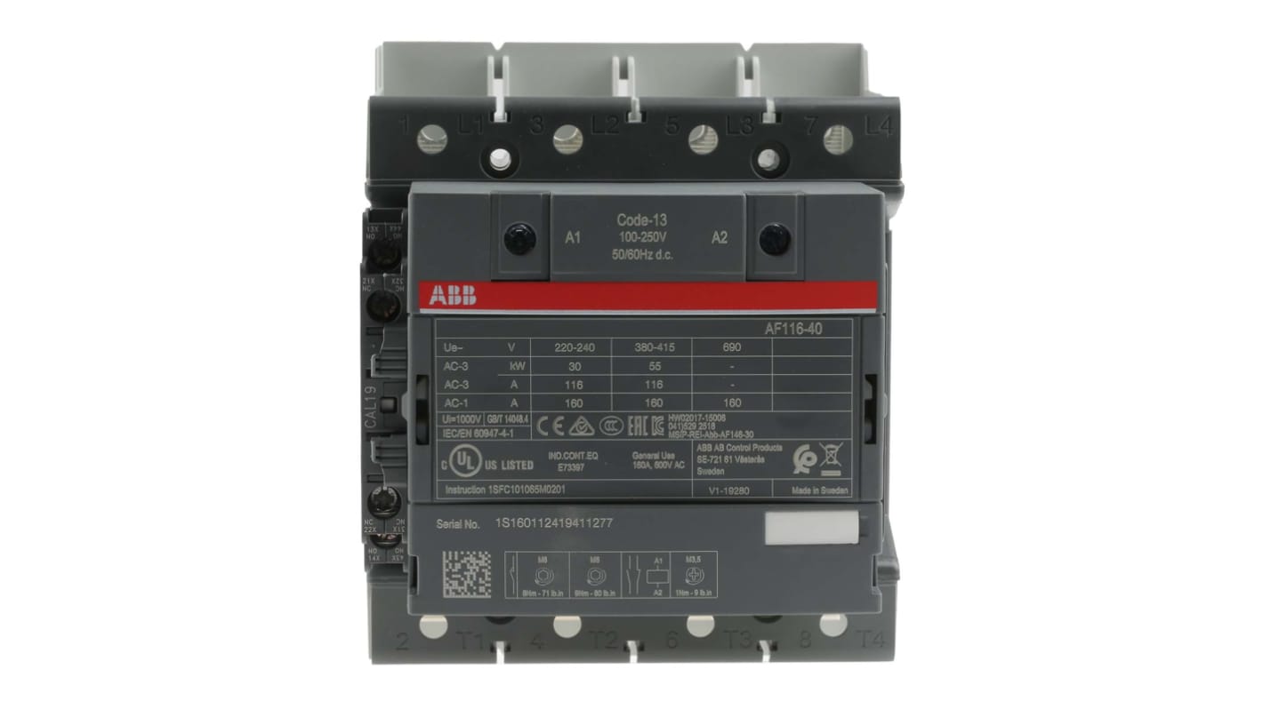 Contattore ABB 1SFL427102R1311, 4 poli, 160 A, 55 kW, tensione bobina 230 V, dimensioni 150 x 120 x 128 mm.