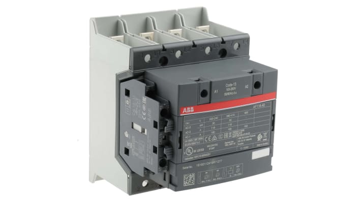 Contattore ABB 1SFL427102R1311, 4 poli, 160 A, 55 kW, tensione bobina 230 V, dimensioni 150 x 120 x 128 mm.