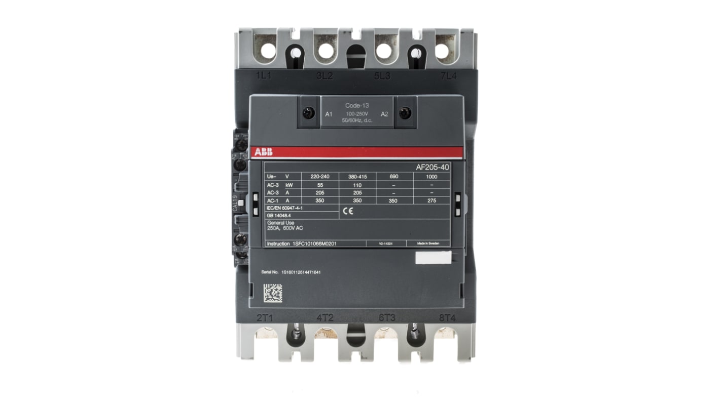 Contattore ABB 1SFL527102R1311, 4 poli, 350 A, montaggio su guida DIN, dimensioni 195,6 x 140 x 152,6 mm, IP20.