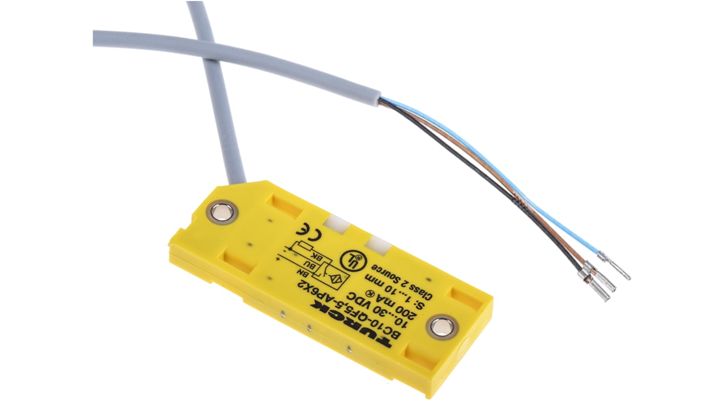 Sensore di prossimità PNP Turck BC10-QF5.5-AP6X2, rilevamento 10 mm, IP67, dimensioni 54 x 20,3 x 5,5 mm, cavo 2 m.