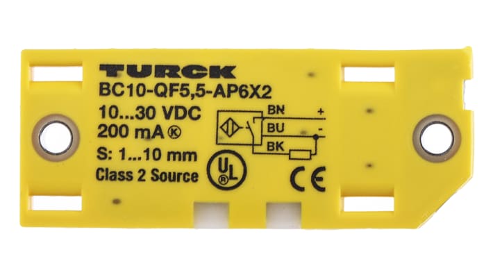 Sensore di prossimità PNP Turck BC10-QF5.5-AP6X2, rilevamento 10 mm, IP67, dimensioni 54 x 20,3 x 5,5 mm, cavo 2 m.