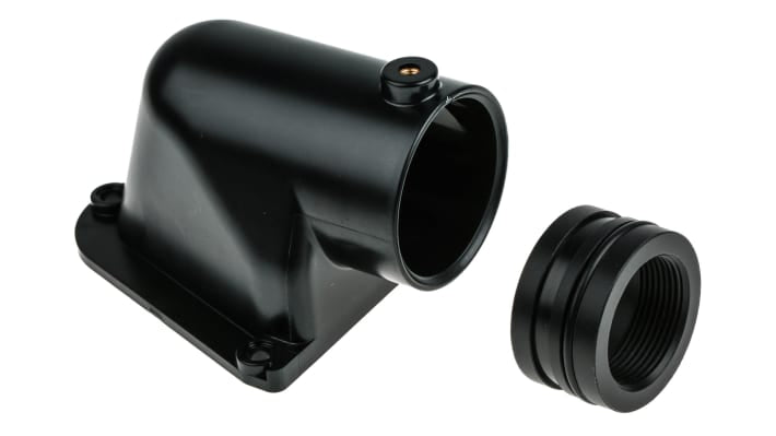 Staffa ad angolo retto Banner LMB30RA per montaggio su tubo, compatibile con colonne luminose CL50, foro di 40mm. Include viti e O-ring.