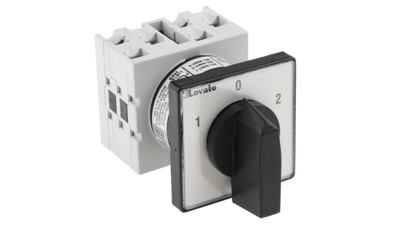 Interruttore a camma Lovato GX2052U DPDT, 3 posizioni, 20A, 690V, montaggio frontale, dimensioni 48x48x79mm.