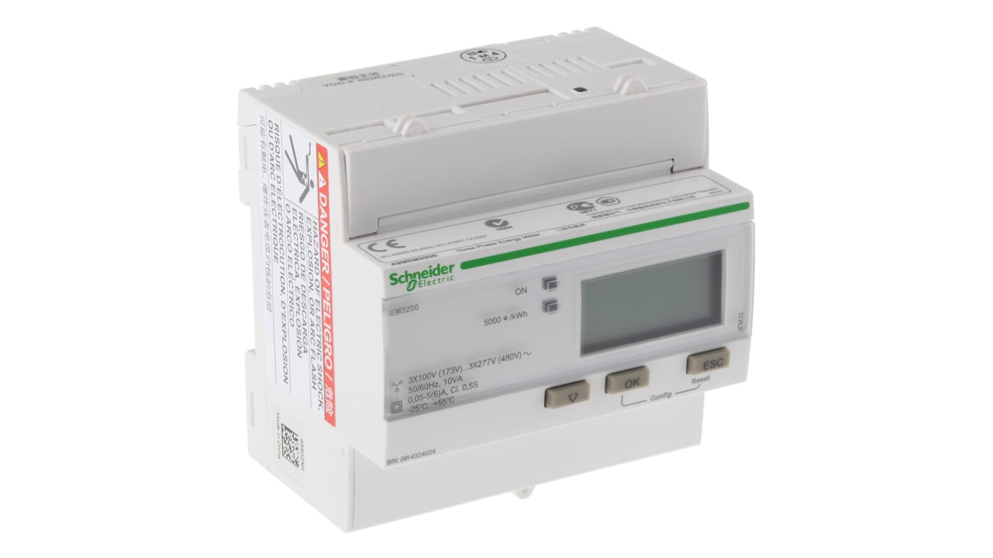 Contatore di energia Schneider Electric A9MEM3200 Acti 9, LCD 10 cifre, montaggio su guida DIN, profondità 69 mm.