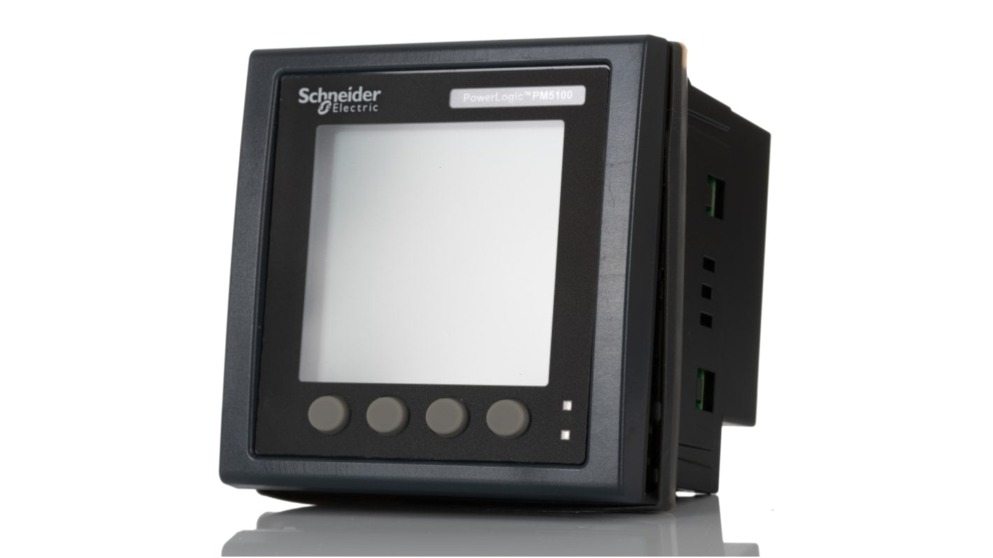 Schneider Electric METSEPM5100, misuratore di potenza digitale 3 fasi, montaggio su guida DIN, display LCD, dimensioni 96 x 96 mm.
