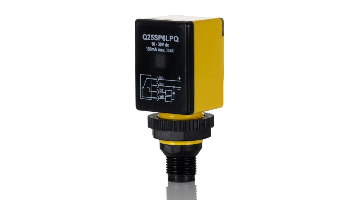 Sensore fotoelettrico rettangolare a retroriflessione Banner Q25SP6LPQ, rilevamento fino a 2 m, uscita PNP, IP69K.