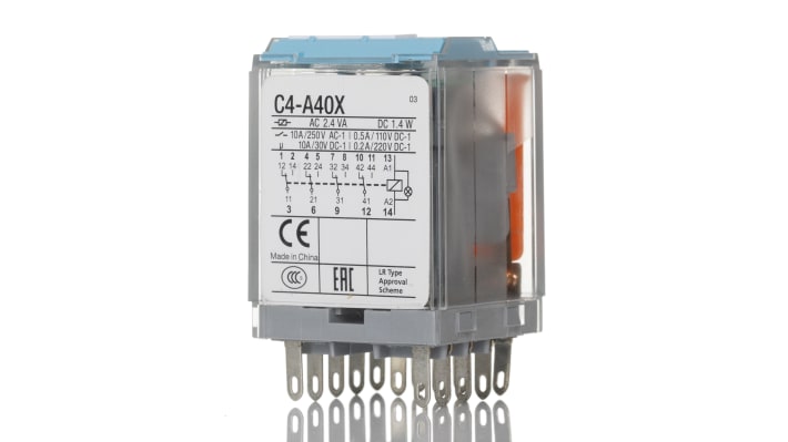 Relè di potenza Turck C4-A40, 4PDT, 125 V cc, 6 A, dimensioni 35 x 35 x 52.5 mm, per applicazioni generiche.