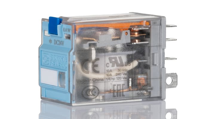 Relè di potenza Turck C7-A20 DPDT, bobina 24V cc, 10 A, dimensioni 37,5 x 21 x 28 mm, contatti in lega d'argento.