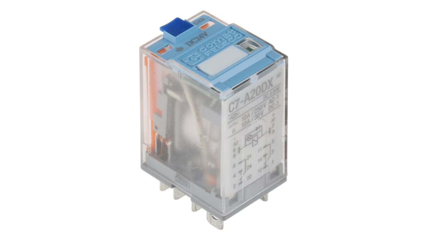 Relè di potenza Turck C7-A20 DPDT, bobina 24V cc, corrente 10 A, dimensioni 21 x 37,5 x 28 mm, montaggio a innesto.