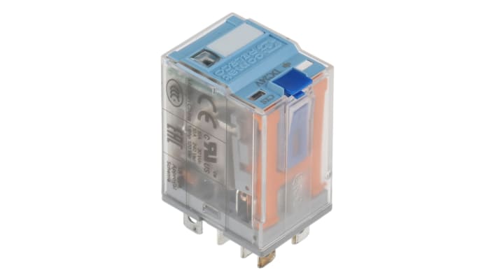 Relè di potenza Turck C7-A20 DPDT, bobina 24V cc, corrente 10 A, dimensioni 21 x 37,5 x 28 mm, montaggio a innesto.