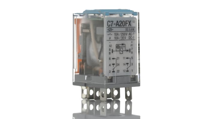 Relè di potenza Turck C7-A20FX, DPDT, 24 V cc, montaggio a innesto, dimensioni 71 x 35 x 35 mm, corrente max 10 A.