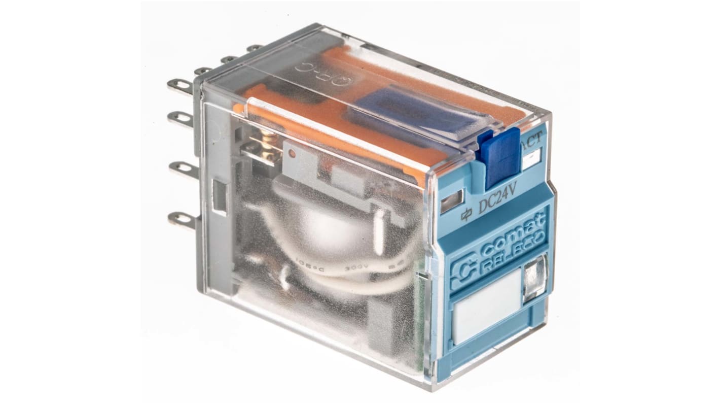 Relè di potenza Turck C9-A41, 4PDT, bobina 24V cc, dimensioni 21mm x 37.5mm x 28mm, corrente 5A, temperatura -40/+70°C.