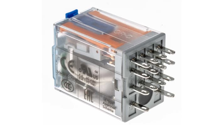 Relè di potenza Turck C9-A41, 4PDT, bobina 24V cc, dimensioni 21mm x 37.5mm x 28mm, corrente 5A, temperatura -40/+70°C.