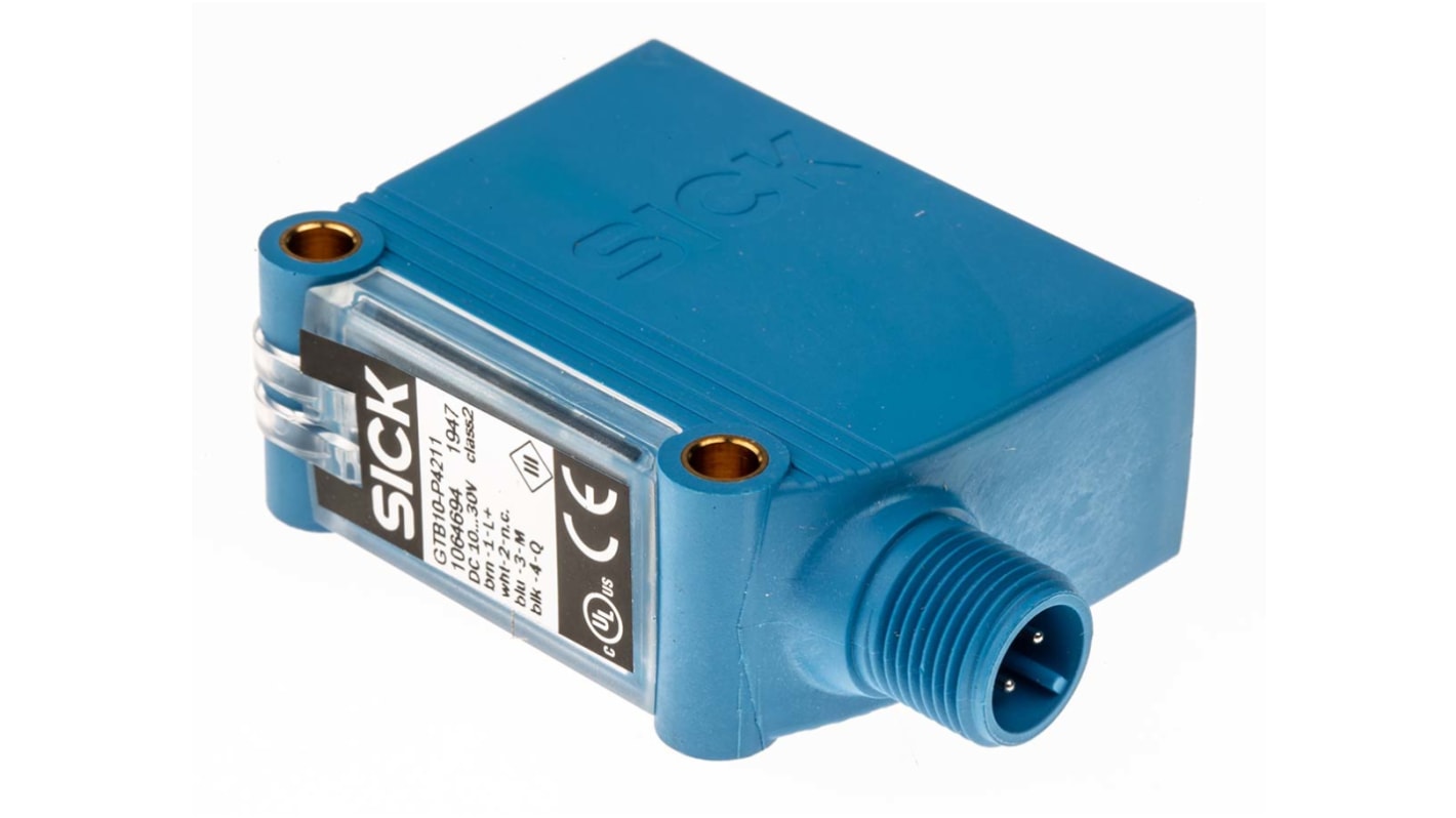 Sensore fotoelettrico rettangolare Sick GTB10-P4212, rilevamento 20 mm a 950 mm, uscita PNP, montaggio a pannello, grado di protezione IP67.