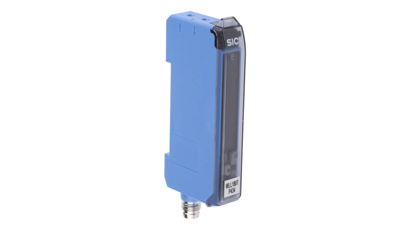 Sensore fotoelettrico Sick WLL180T-P434, PNP, con connettore M8, rilevamento fino a 20 m, dimensioni 75,5 x 10,5 x 38,9 mm.
