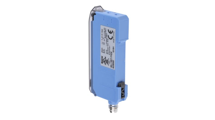 Sensore fotoelettrico Sick WLL180T-P434, PNP, con connettore M8, rilevamento fino a 20 m, dimensioni 75,5 x 10,5 x 38,9 mm.