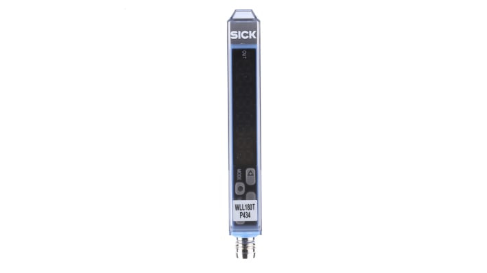 Sensore fotoelettrico Sick WLL180T-P434, PNP, con connettore M8, rilevamento fino a 20 m, dimensioni 75,5 x 10,5 x 38,9 mm.