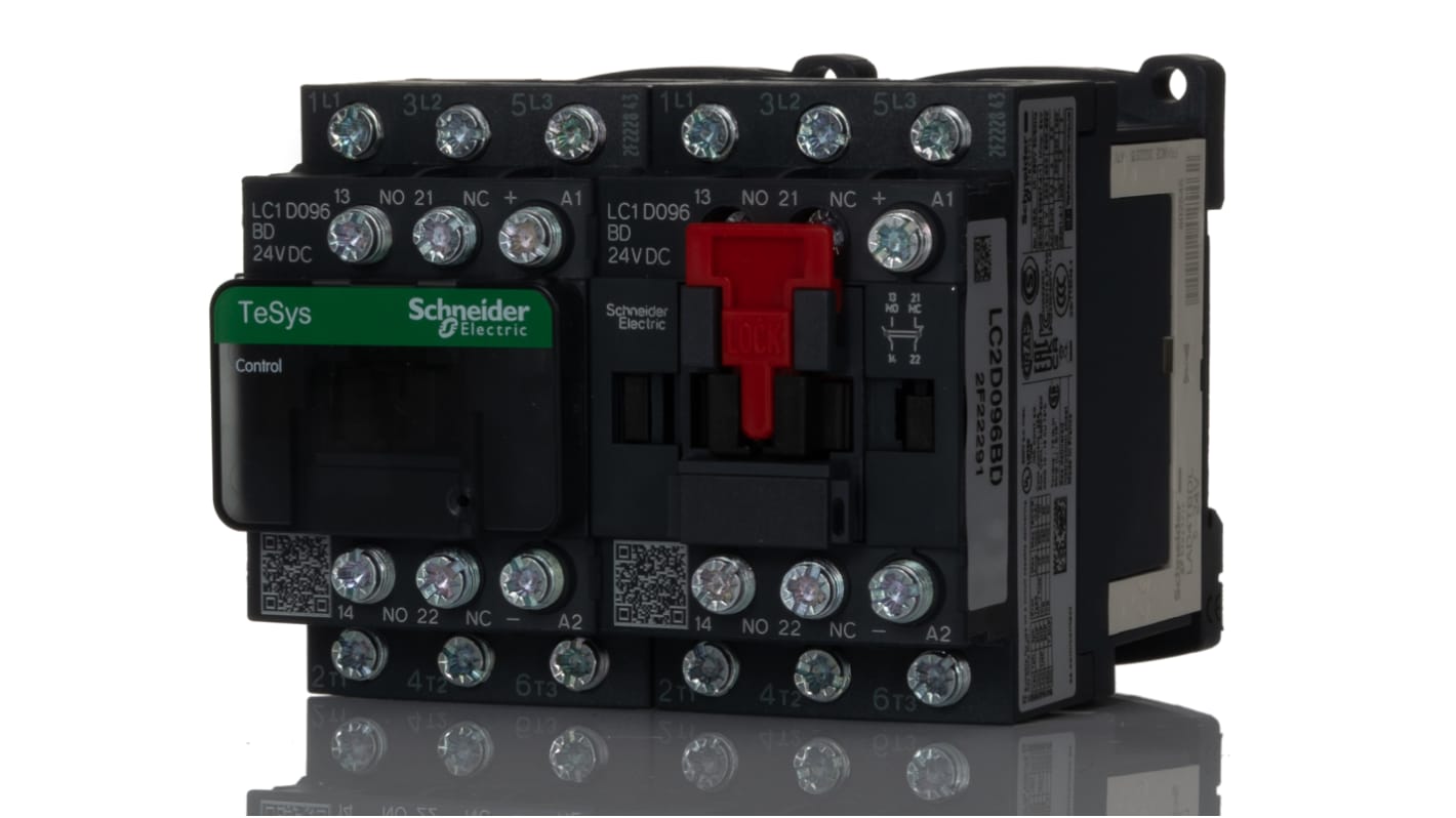 Contattore reversibile Schneider Electric LC2D096BD, 3 poli, 5,5 kW, 24 V c.c., montaggio su guida DIN, dimensioni 77x90x95 mm.