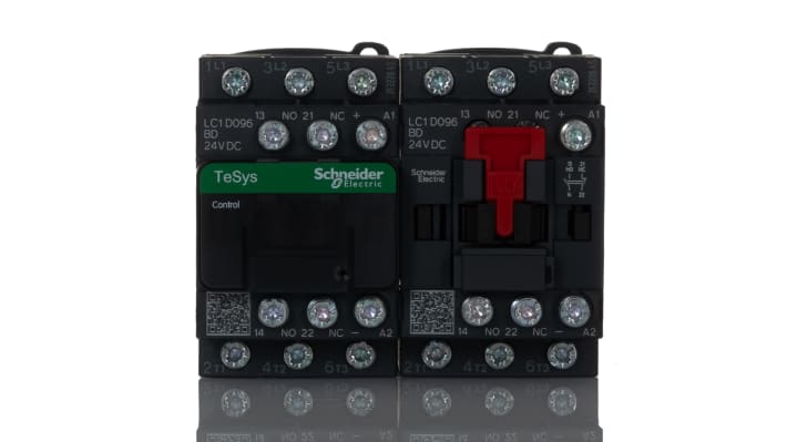 Contattore reversibile Schneider Electric LC2D096BD, 3 poli, 5,5 kW, 24 V c.c., montaggio su guida DIN, dimensioni 77x90x95 mm.