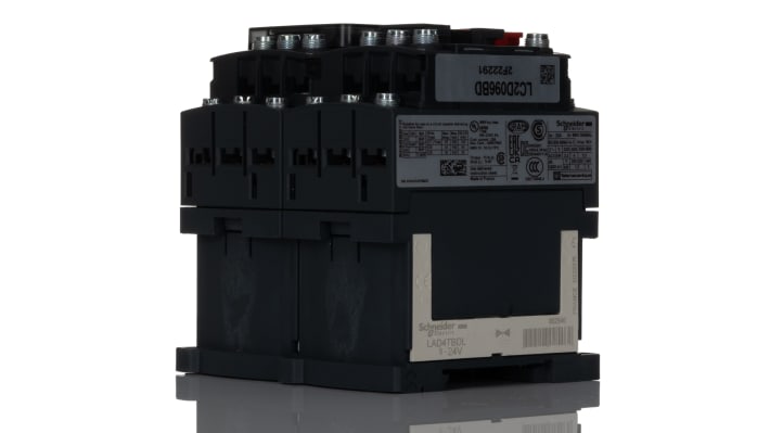 Contattore reversibile Schneider Electric LC2D096BD, 3 poli, 5,5 kW, 24 V c.c., montaggio su guida DIN, dimensioni 77x90x95 mm.