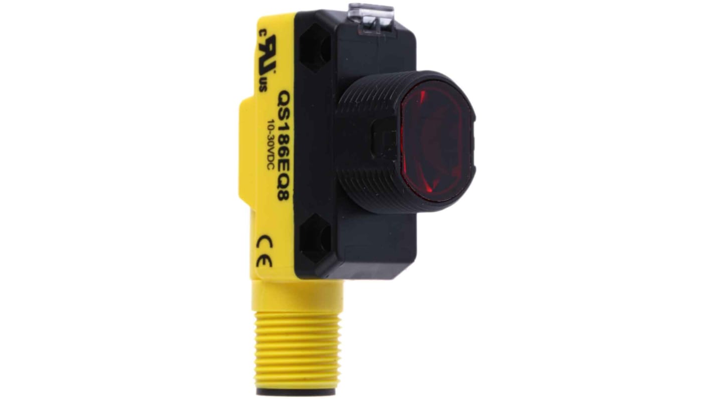 Sensore fotoelettrico cilindrico Banner QS186EQ8, rilevamento fino a 20 m, IP67, alimentazione 30 V CC, staffa di montaggio inclusa.