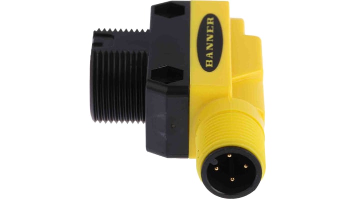 Sensore fotoelettrico cilindrico Banner QS186EQ8, rilevamento fino a 20 m, IP67, alimentazione 30 V CC, staffa di montaggio inclusa.