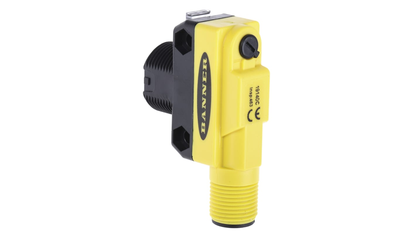 Sensore fotoelettrico cilindrico Banner QS18VP6DQ8, rilevamento 450 mm, uscita PNP, IP67, alimentazione 10-30 V CC.