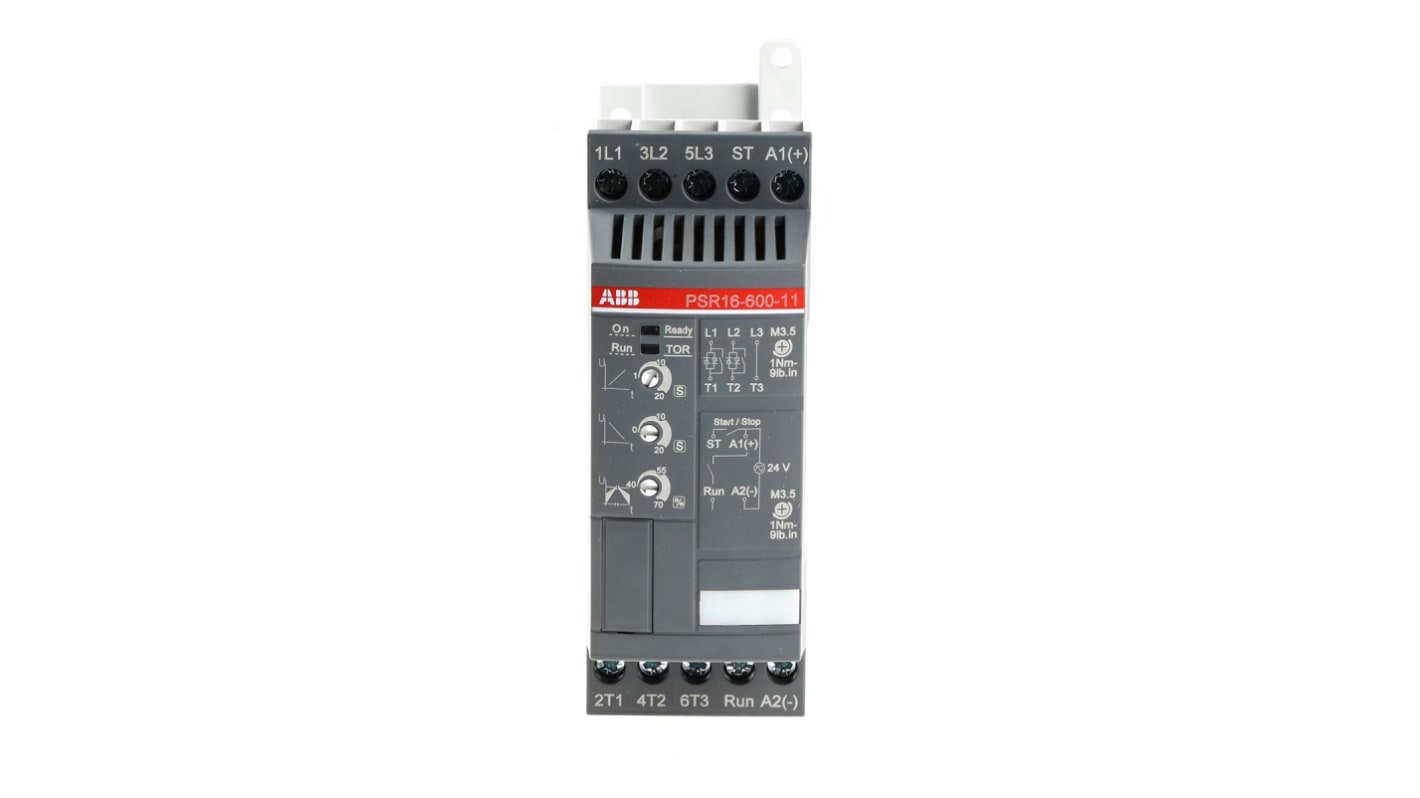 Avviatore soft-start trifase ABB 1SFA896107R1100, potenza 7,5 kW, corrente 16 A, dimensioni 45x114x140 mm, grado di protezione IP20.