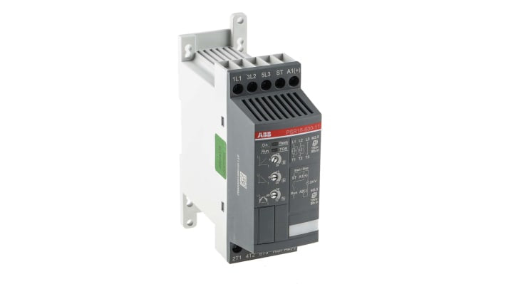 Avviatore soft-start trifase ABB 1SFA896107R1100, potenza 7,5 kW, corrente 16 A, dimensioni 45x114x140 mm, grado di protezione IP20.