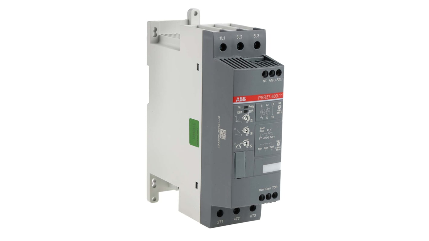 ABB 1SFA896110R1100, avviatore soft-start manuale 3 fasi, potenza 22 kW, corrente 37 A, dimensioni 187 x 153 x 54 mm.