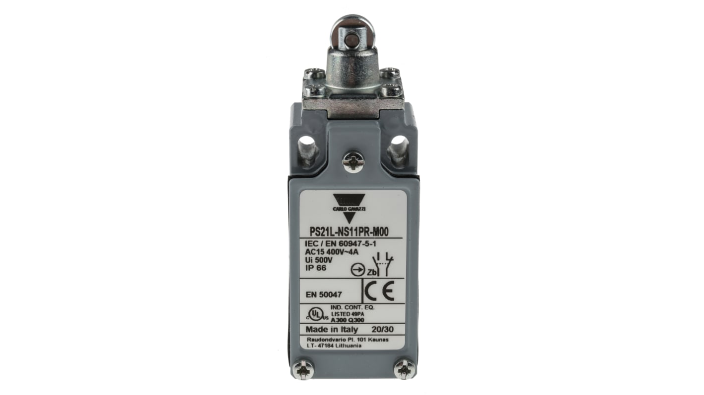 Interruttore di fine corsa Carlo Gavazzi PS21L-NS11PR-M00, tasto a rotella, SPDT, protezione IP66, montaggio verticale, dimensioni 30.3 mm x 32.5 mm.