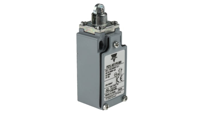 Interruttore di fine corsa Carlo Gavazzi PS21L-NS11PR-M00, tasto a rotella, SPDT, protezione IP66, montaggio verticale, dimensioni 30.3 mm x 32.5 mm.