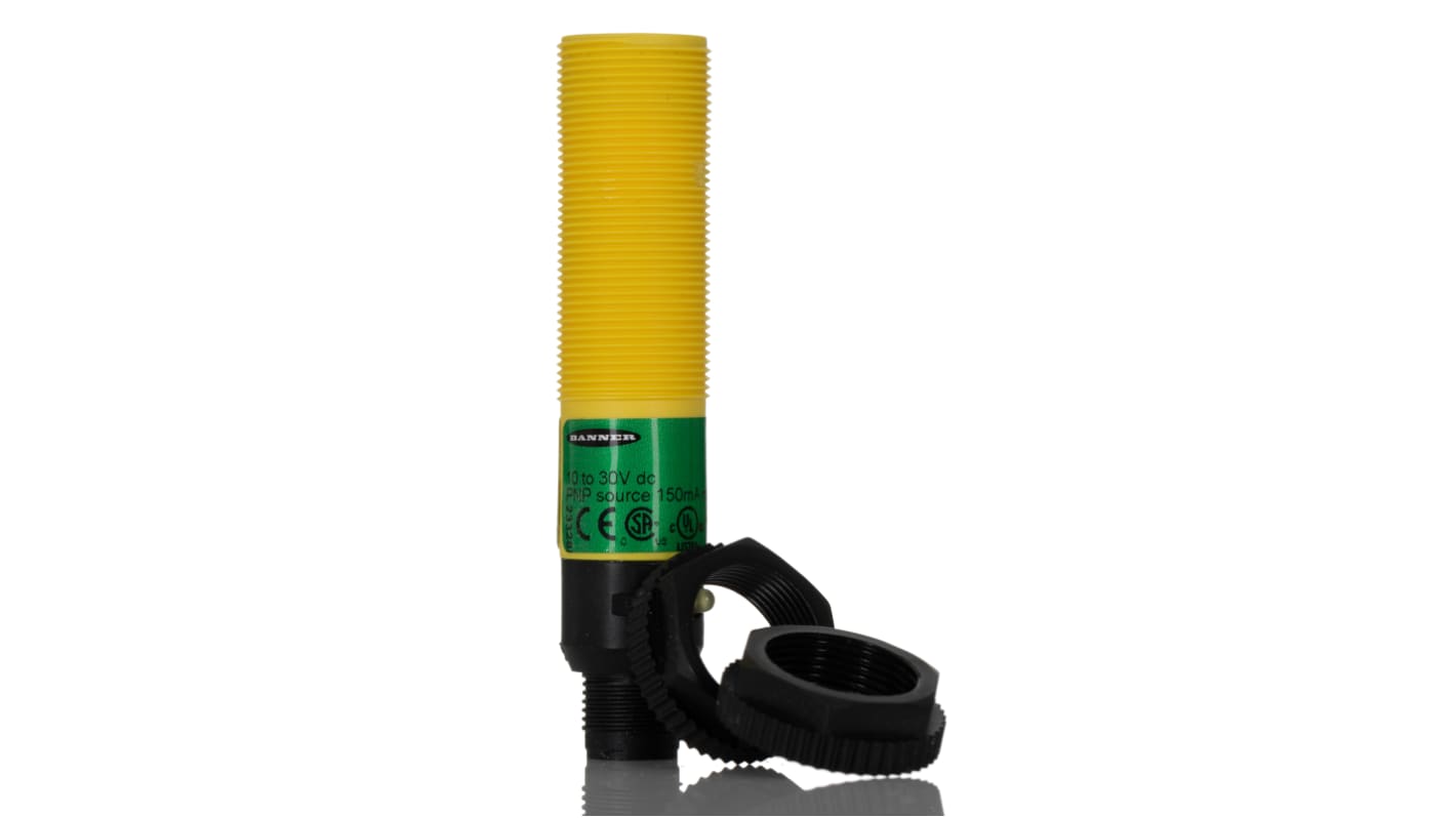 Sensore fotoelettrico cilindrico Banner S18SP6LPQ a retroriflessione, rilevamento 2 m, uscita PNP, IP67/IP69K, montaggio M12.