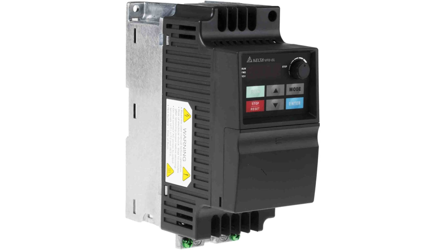 Inverter trifase Delta Electronics VFD004EL43A, potenza 0,4 kW, 400 V, interfaccia RS-485, design compatto. Dimensioni: 136x72x174 mm.