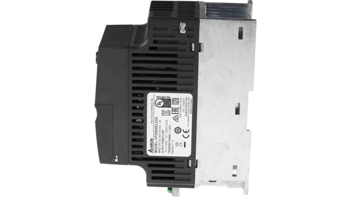 Inverter trifase Delta Electronics VFD004EL43A, potenza 0,4 kW, 400 V, interfaccia RS-485, design compatto. Dimensioni: 136x72x174 mm.
