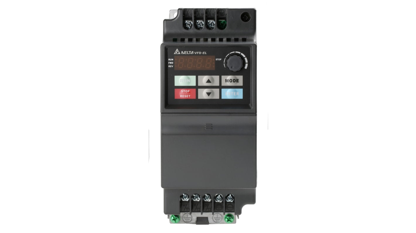 Inverter trifase Delta Electronics VFD015EL43A, potenza 1,5 kW, dimensioni 136x72x174 mm, interfaccia RS-485.