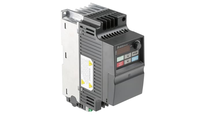 Inverter trifase Delta Electronics VFD015EL43A, potenza 1,5 kW, dimensioni 136x72x174 mm, interfaccia RS-485.