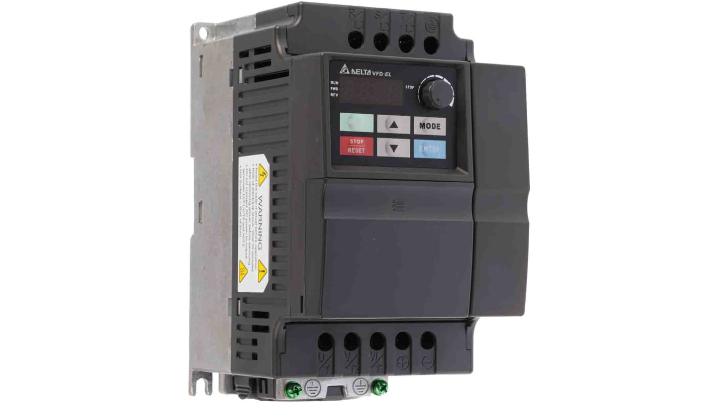 Inverter trifase Delta Electronics VFD022EL43A, potenza 2,2 kW, 400 V, interfaccia RS-485, design compatto.