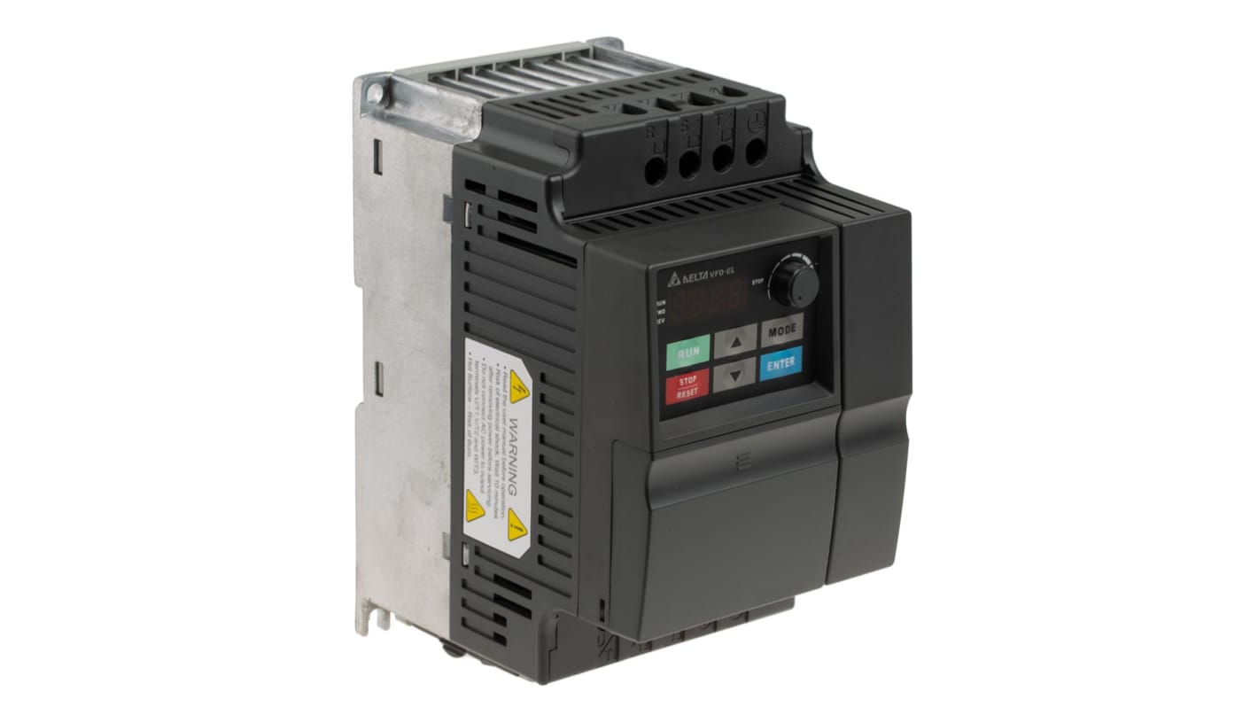 Inverter trifase Delta Electronics VFD037EL43A, 3,7 kW, 400 V, con interfaccia RS-485 e grado di protezione IP20.