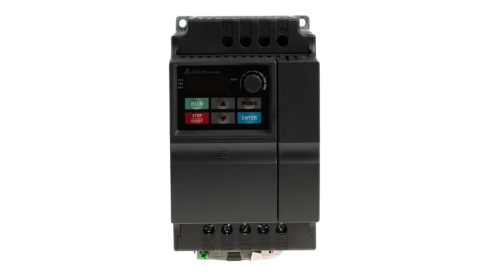 Inverter trifase Delta Electronics VFD037EL43A, 3,7 kW, 400 V, con interfaccia RS-485 e grado di protezione IP20.