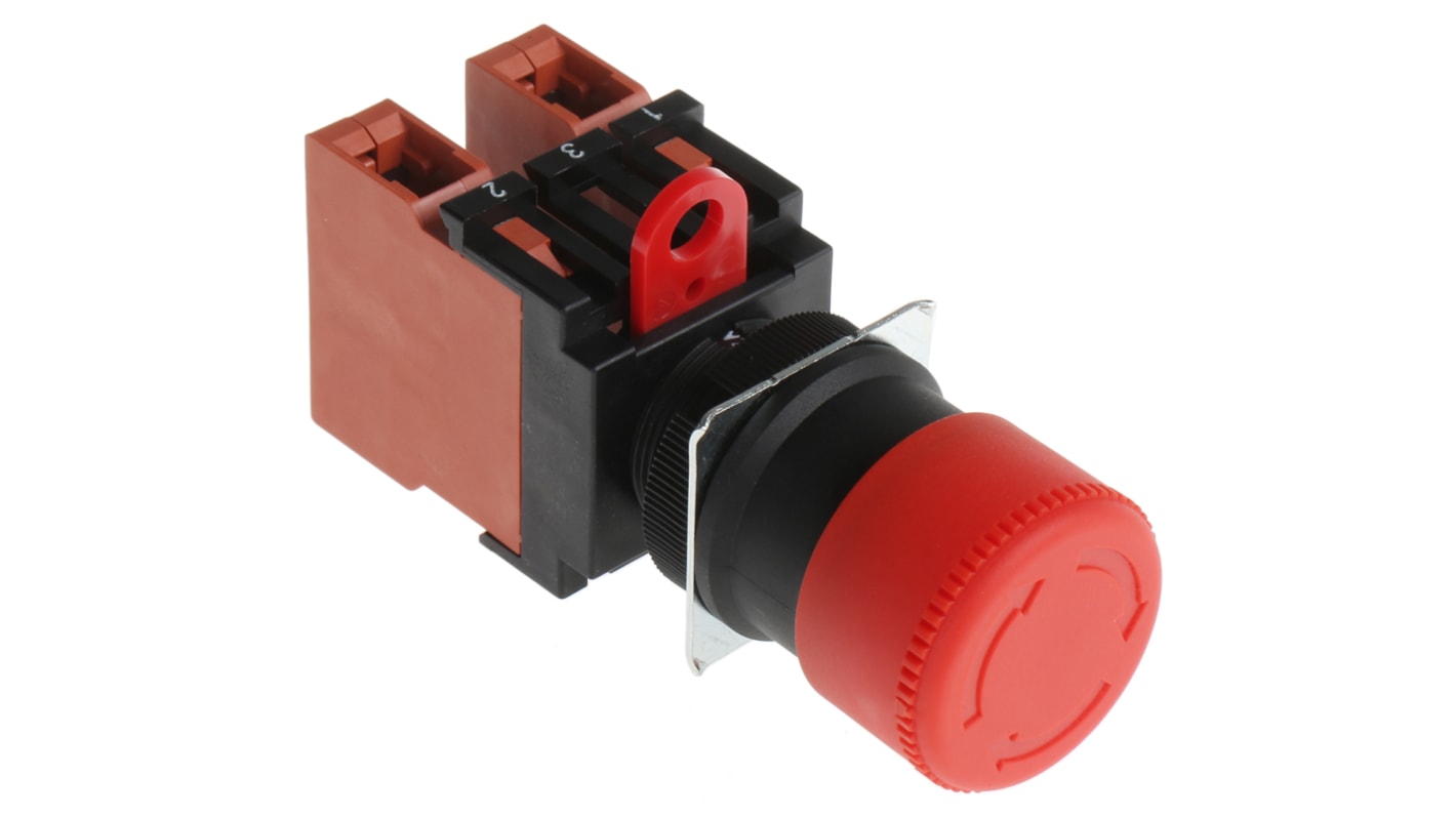 Pulsante di arresto di emergenza Omron A22E-S-02, montaggio a pannello, diametro foro 22mm, 2NC, IP65, 440V, 10A.